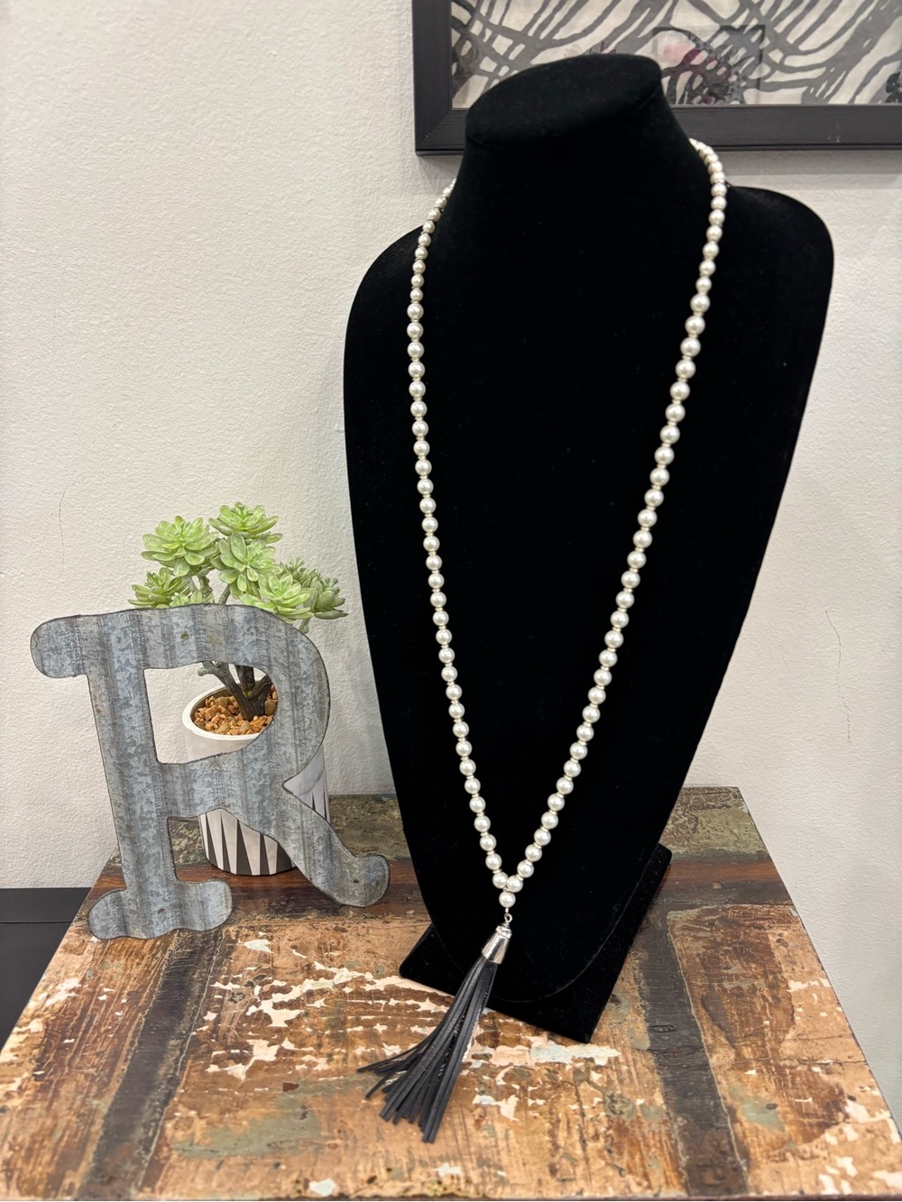 White House Black Market White Faux Pearls with Leather Tassel